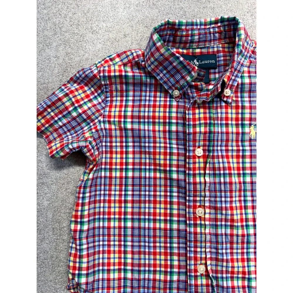 Ralph Lauren Baby Boy 18M Plaid Button Front Shirt Short Sleeve Pony Logo Cotton